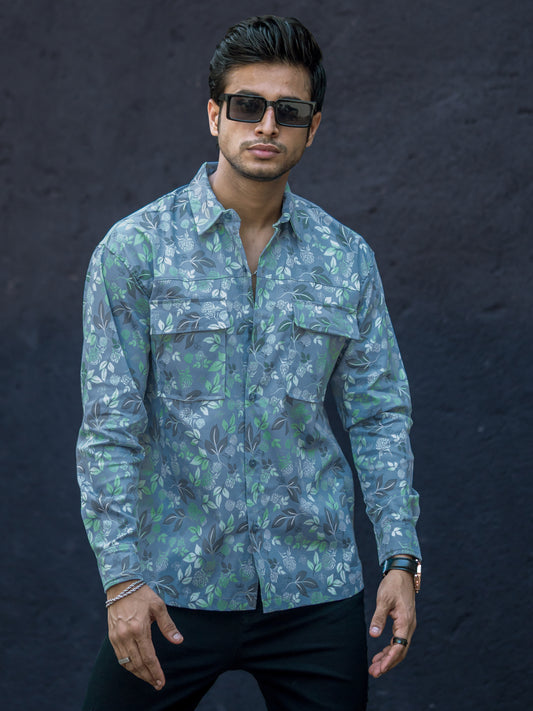 Double Pocket Leaf Printed Blue Half Sleeve Shirt