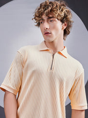 DropKnit Cream Polo Zipper Half Sleeve T-Shirt