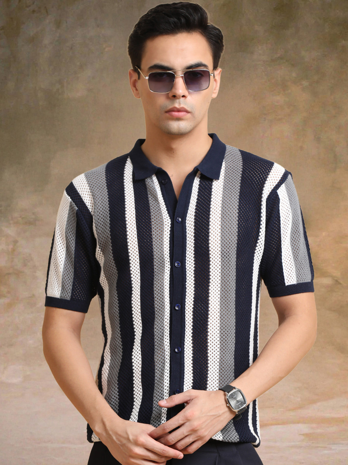 Navy half sleeve aero vertical stripe shirt for men - view 2