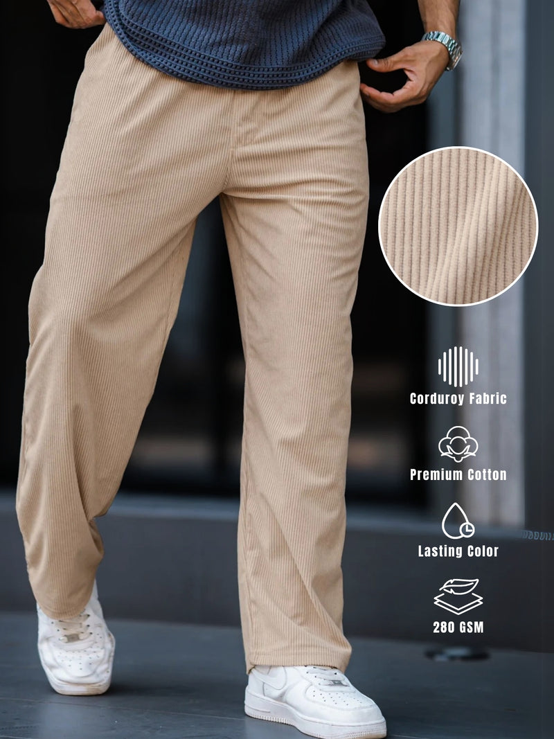 Beige baggy corduroy pants for men