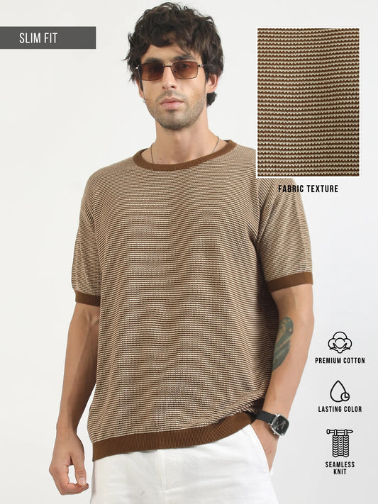 Brown Pixel Knit Flat-Knit Half-Sleeve T-Shirt