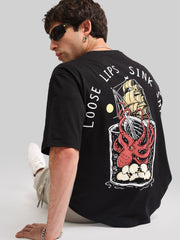 Octobus print Black Half Sleeve T-Shirt