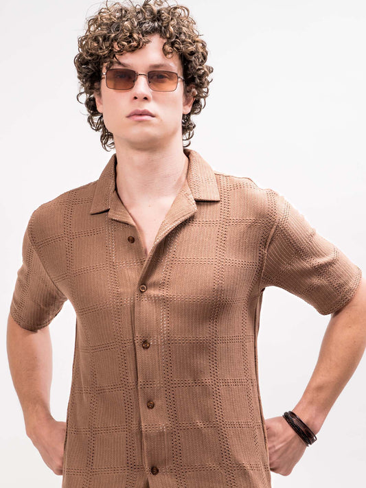 Rustic Knit Light Brown Half Sleeve Shirt