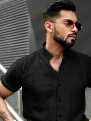 Ribbed FlatKnit Black Half Sleeve Shirt