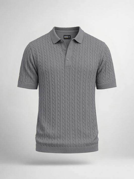 Ribbed Knit Grey Polo Half Sleeve T-Shirt