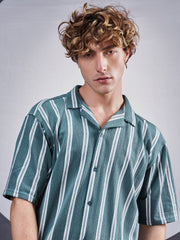 Terry Vertical Stripes Green Half Sleeve Shirt