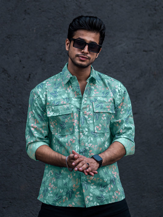 Floral Double Pocket Green Full Sleeve Shirt