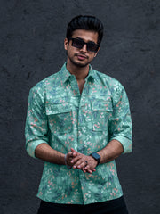 Floral Double Pocket Green Full Sleeve Shirt