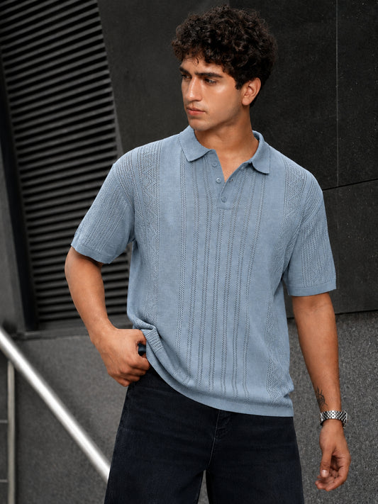 Blue Textured Half Sleeve Polo T-Shirt