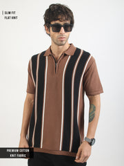 Brown Rome Stripes Flat-Knit Half Sleeve Polo T-Shirt
