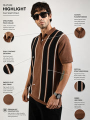 Brown Rome Stripes Flat-Knit Half Sleeve Polo T-Shirt