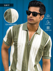 Bold Stripe Green Half Sleeve Polo T-Shirt