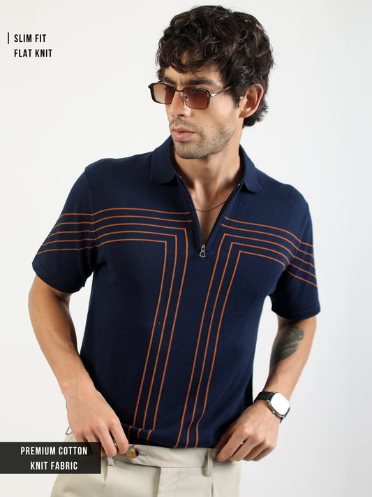 Tokyo Circuit Navy Flat-Knit Half Sleeve Polo T-Shirt