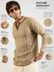 Vintage Vent Beige Flatknit Cotton Full Sleeve Polo T-Shirt
