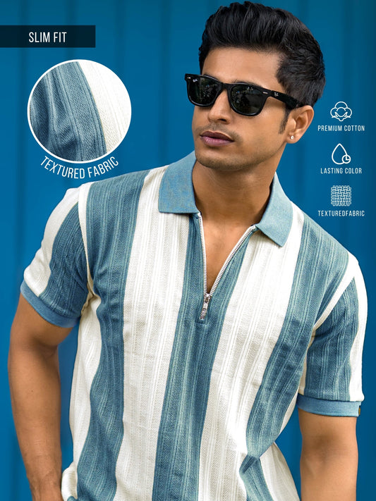 Bold Stripe Blue Half Sleeve Polo T-Shirt