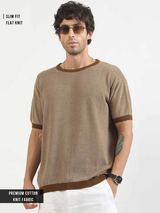 Brown Pixel Knit Flat-Knit Half-Sleeve T-Shirt