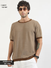 Brown Pixel Knit Flat-Knit Half-Sleeve T-Shirt
