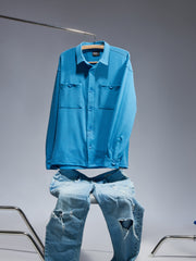 Double Pocket Solid Denim Blue Full Sleeve Shacket