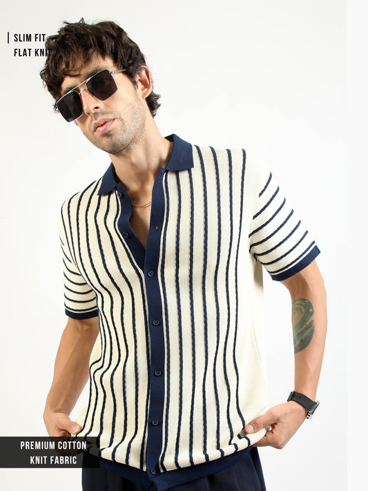 Cream Venice Stripes Flat-Knit Half-Sleeve Polo Shirt