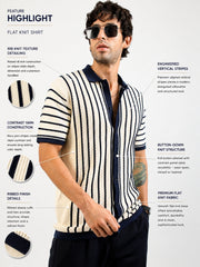 Cream Venice Stripes Flat-Knit Half-Sleeve Polo Shirt