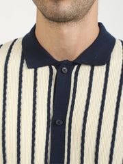 Cream Venice Stripes Flat-Knit Half-Sleeve Polo Shirt