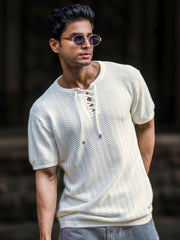 Curlwave Half White Henley Half Sleeve T-Shirt