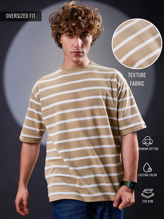 Popcorn Horizontal Stripe Beige Half Sleeve T-Shirt