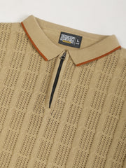 Vintage Vent Beige Flatknit Cotton Full Sleeve Polo T-Shirt