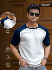 Flat Knit Raglan White Navy Half Sleeve T-Shirt
