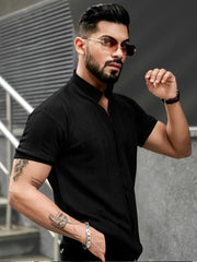 Ribbed FlatKnit Black Half Sleeve Shirt