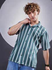Terry Vertical Stripes Green Half Sleeve Shirt