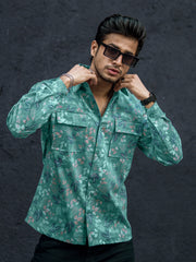 Floral Double Pocket Green Full Sleeve Shirt