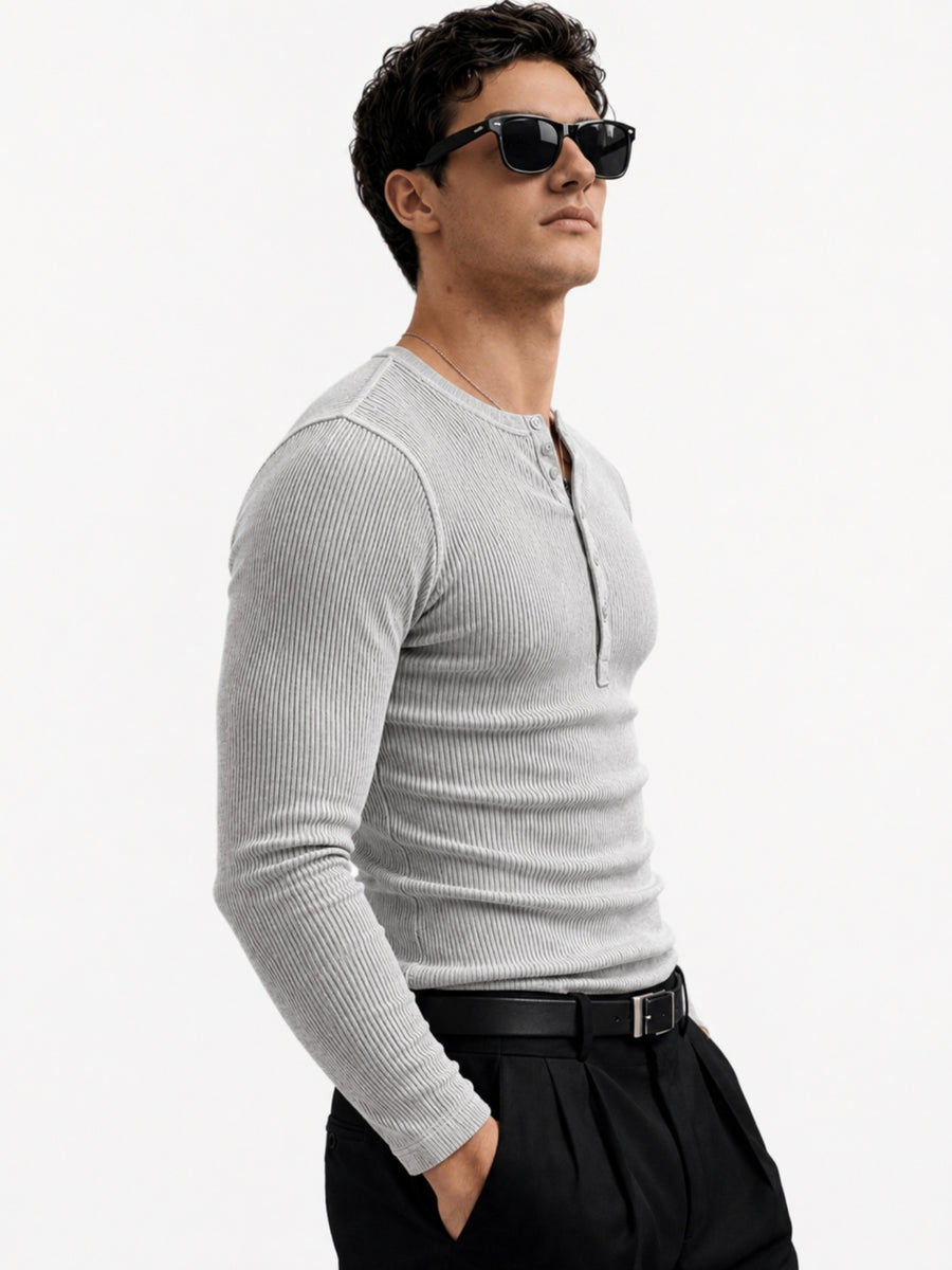 Light Grey Ribbed Henley Neck Full Sleeve T-Shirt