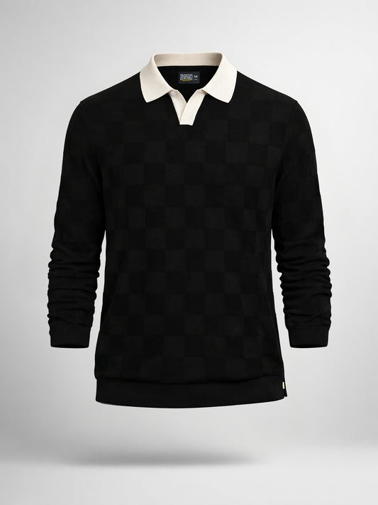 Cubic Knit Black Full Sleeve Polo T-Shirt