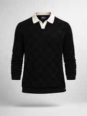 Cubic Knit Black Full Sleeve Polo T-Shirt