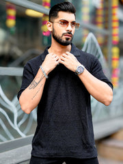 Croshia Knit Black Half Sleeve Polo T-Shirt