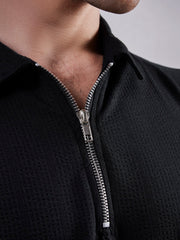 Seersucker Black Polo Half Sleeve T-Shirt