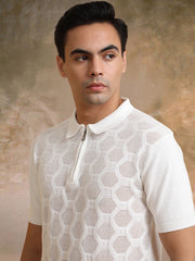Diamond Knit White Slim Half Sleeve Polo T-Shirt