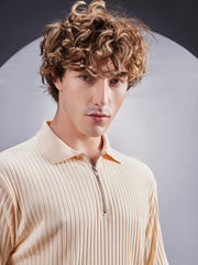 DropKnit Cream Polo Zipper Half Sleeve T-Shirt