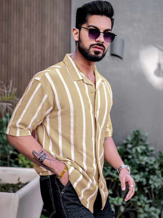 Popcorn Knit Vertical Stripe Beige Half Sleeve Shirt