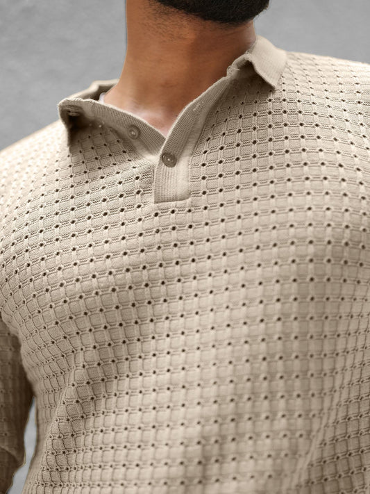 Checked Knit Beige Full Sleeve Polo T-Shirt