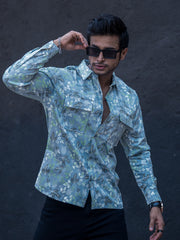 Double Pocket Leaf Printed Blue Half Sleeve Shirt