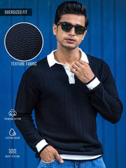 Wave Flat Knit Black Full Sleeve Polo T-Shirt