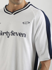 V Neck White, Navy Half Sleeve T-Shirt