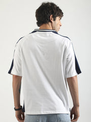 V Neck White, Navy Half Sleeve T-Shirt