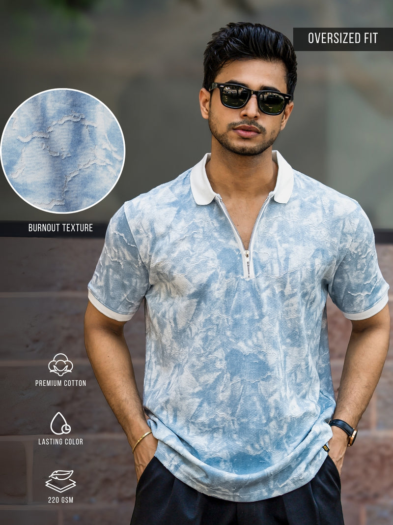 Blue half sleeve burnout spray polo t-shirt for men