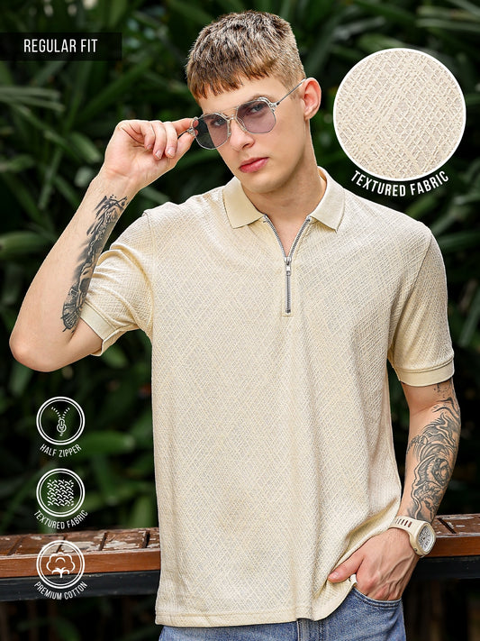 Marble Grid Cream Half Sleeve Polo T-Shirt