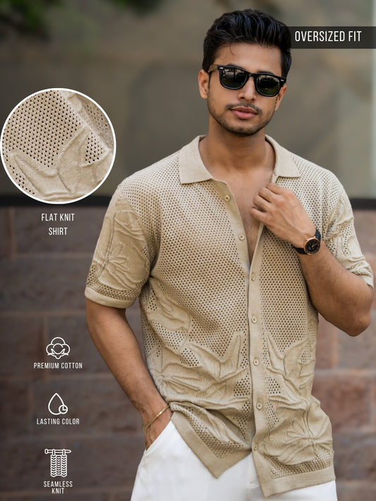 Motif Flatknit Beige Half Sleeve Shirt