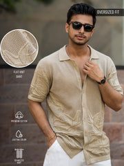 Motif Flatknit Beige Half Sleeve Shirt