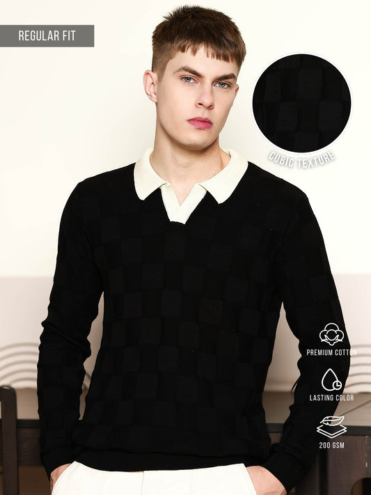 Cubic Knit Black Full Sleeve Polo T-Shirt